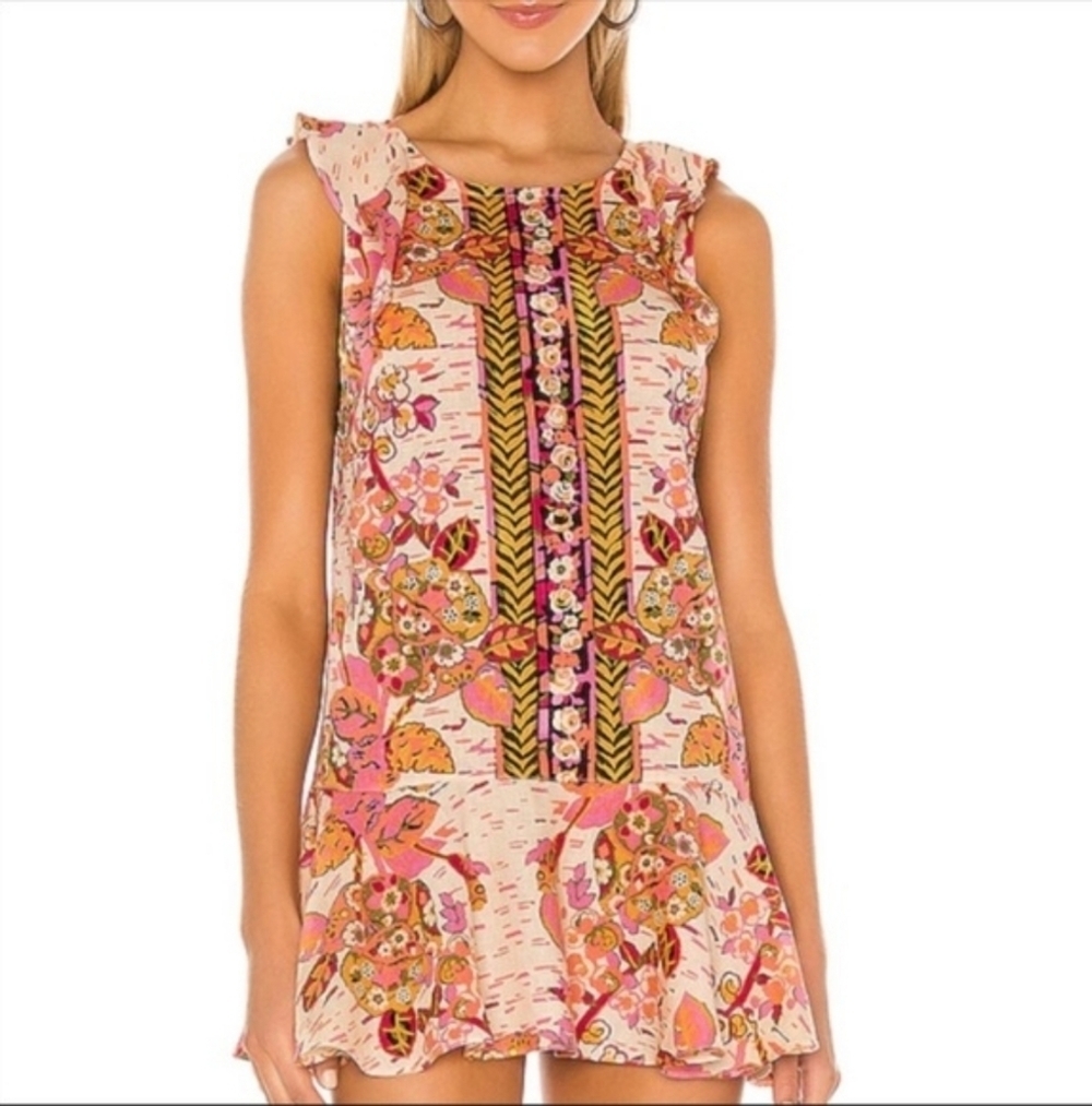 Free People Pink Floral Linen Flutter Sleeve Ruffle Flowy Mini Tunic Dress LG